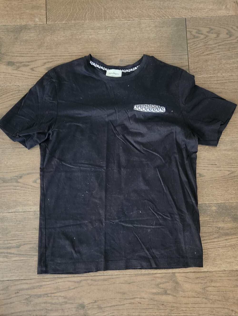 Salvatore Ferragamo Black Short-Sleeve Crewneck Tee with Patterned Pocket Trim